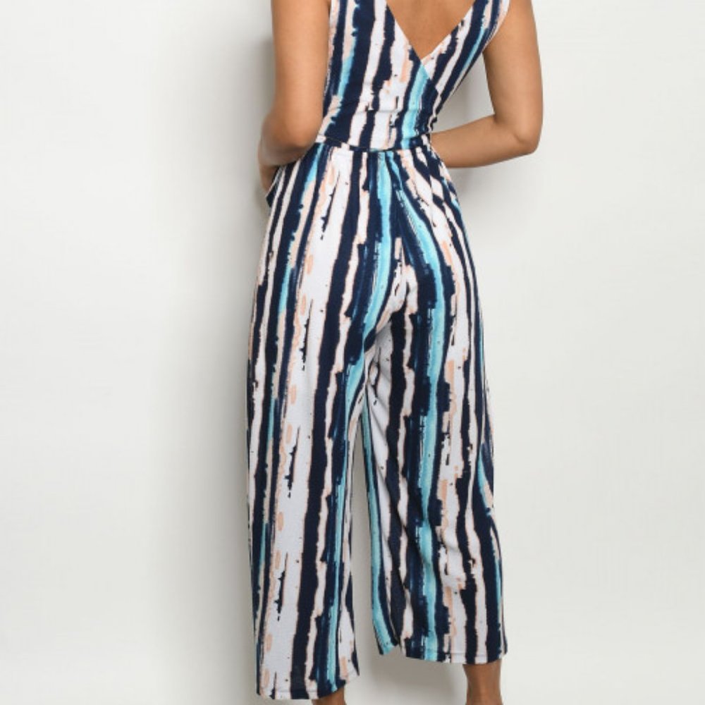 BLUE AND WHITE JUMPSUIT FLARED